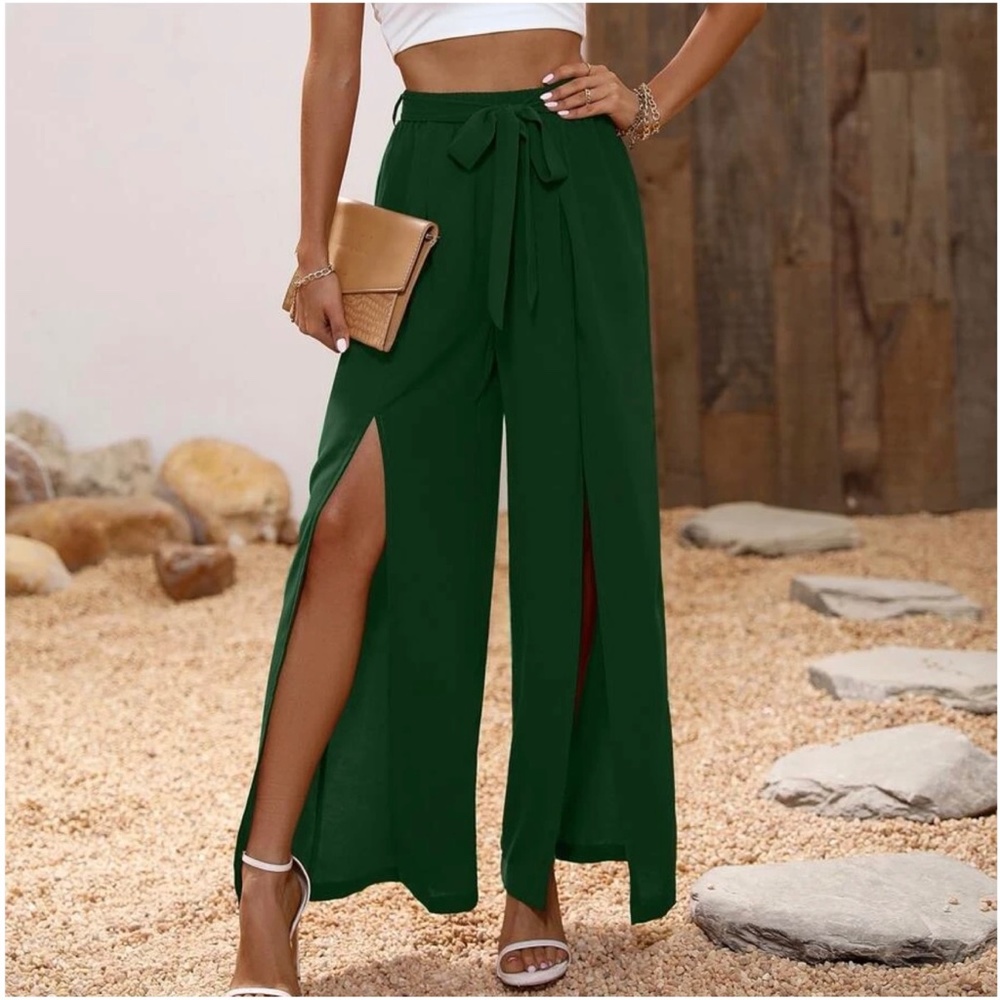 Black Slit Leg Wide leg Chic Pants - Picture 7 of 9